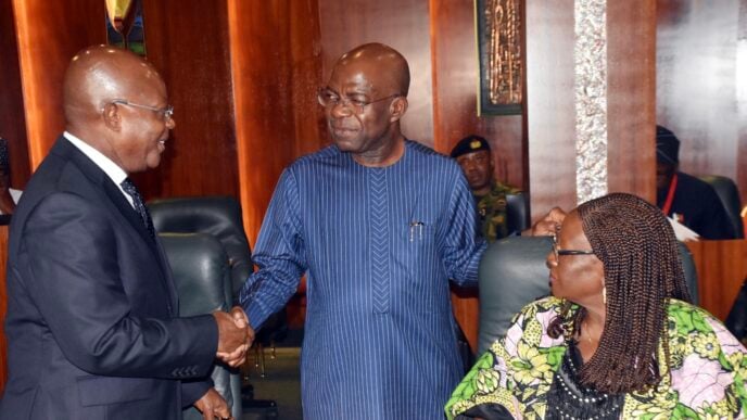 L-R: Ibok-Eke Ibas, sole administrator Rivers state; Alex Otti, governor of Abia state; and Josephine Piyo, deputy governor of Plateau state during the national economic council meeting at the Presidential Villa